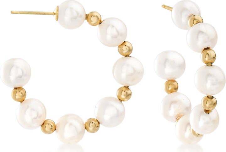 Ross-Simons 6-7mm Cultured Pearl Hoop Earrings in 14kt Yellow Gold