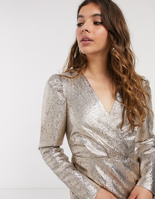 In The Style x Fashion Influx puff sleeve glitter metallic asymmetric mini dress in silver