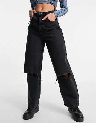 mount Reception Evolve Topshop baggy jeans with low knee rips in washed black - ShopStyle