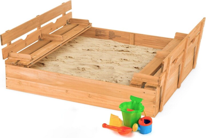 Mecale Kids Wooden Sandbox with 2 Foldable Bench Seats