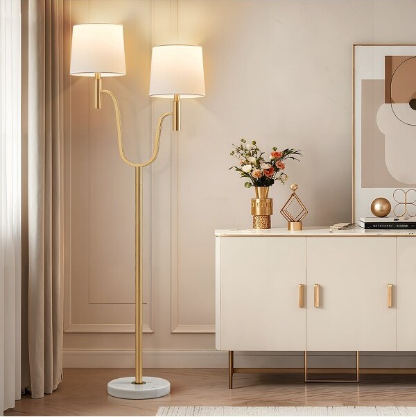 NATYSWANFloorLampsforLivingRoomModernDoubleheadedstandinglampwithMarbleBase&FabricShade63.5inGoldReadingLightforBedroom