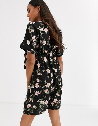 New Look Maternity wrap front midi dress in black floral