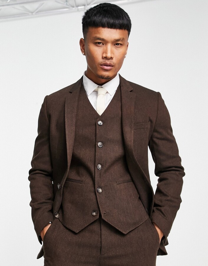 ASOS DESIGN super wool mix suit jacket in brown tweed - ShopStyle