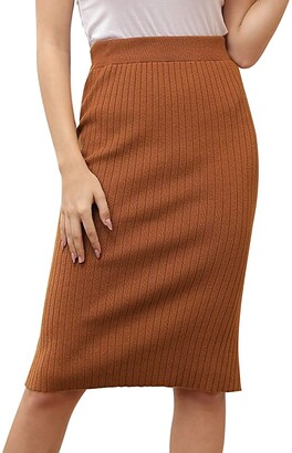 Kate Kasin Women's Knee Length Stretchy Ribbed Skirt for Office Work Hips-Wrapped Skirts
