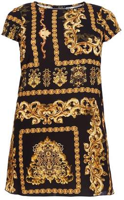 Quiz Curve Black And Gold Print Tunic Dress