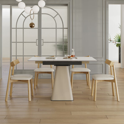 Hokku Designs Expandable Dining Table Set With Sintered Stone And Leather Modern Design, Ideal For Compact Kitchens