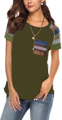iChunhua Womens Cute Crew Neck Short Sleeve Stripe Print Color Block Casual Loose T-Shirt Tops Tee Shirts Green X-Large