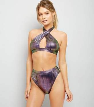 New Look Purple Snakeskin Texture Bikini Top