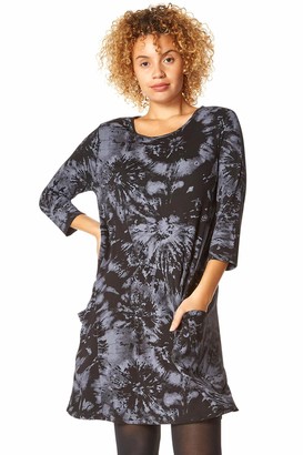 Roman Originals Women Tie Dye Print Front Pocket Detail Swing Dress - Ladies Smart Casual Work from Home Business 3/4 Sleeve Slouch Jersey Stretch Dresses - Dark-Grey - Size 10