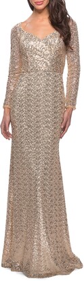 La Femme Long-Sleeve V-Neck Sequin Dress