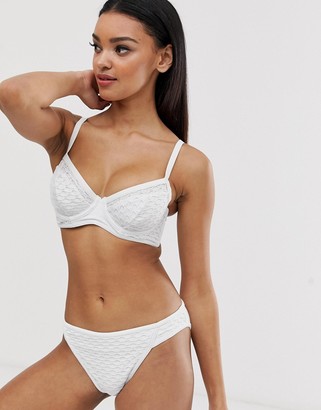 ASOS DESIGN DESIGN fuller bust exclusive fishnet overlay plunge bikini top in white dd