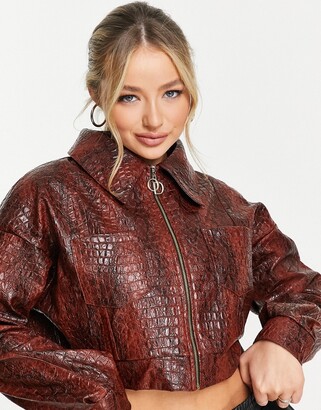 The O Dolls Collection ODolls Collection leather look moc croc volume sleeve jacket in chocolate