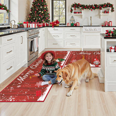 Christmas Kitchen Rugs Sets of 3, Non Slip Red Santa Gnome Christmas Rug for Kitchen, Farmhouse Kitchen Mats for Floor Washable Floor Carpet Set for W