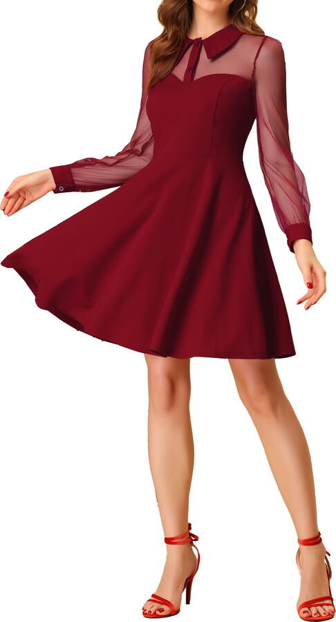 Unique Bargains Women’s Retro Flat Collar Mesh Sheer Sleeve Flared Party Dress