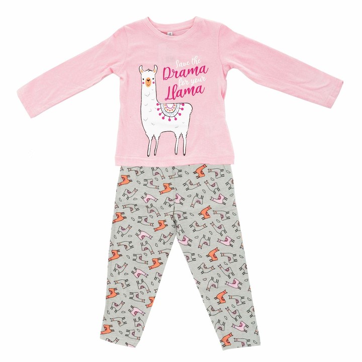Hunter Price International Ltd Girls Pyjama Set 100% Cotton Save The Drama  for Your Llama Slogan Pink Long Sleeve Top Grey Elastic Waist Trousers Age  2-3 Years - ShopStyle