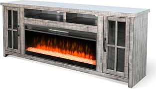 Benjara Gery TV Console W Crystal Fireplace, 76 Inch, 2 Cabinets, Gray Brown Mahogany