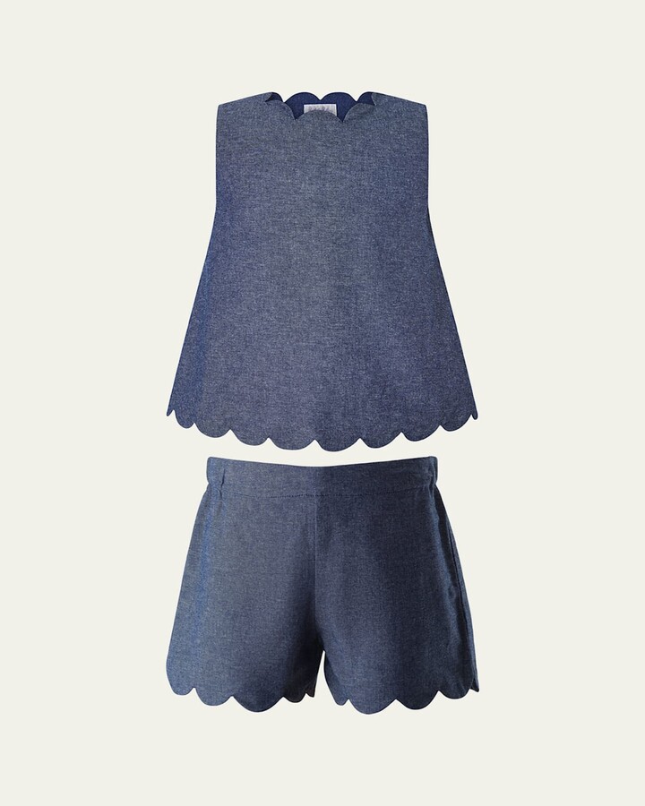 Girl's Chambray Scalloped Top and Short Set, Size 2-14