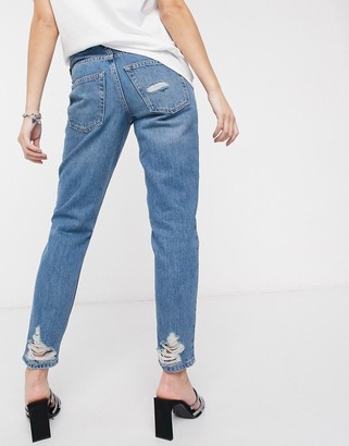 Topshop Maternity mom ripped hem overbump jeans in mid wash