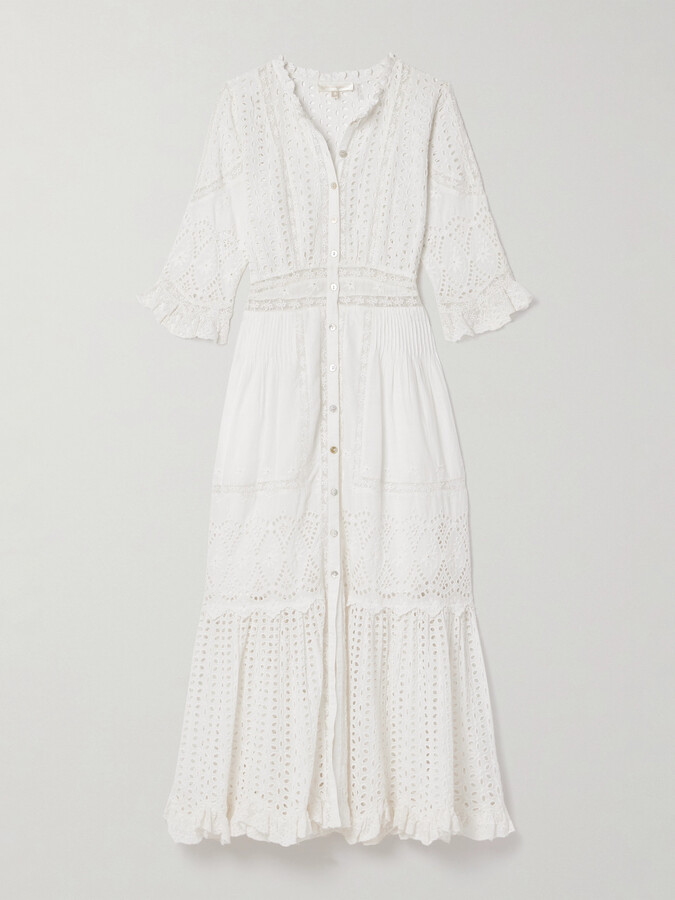 LoveShackFancy Botina Lace-trimmed Broderie Anglaise Cotton Midi Shirt Dress - Off-white