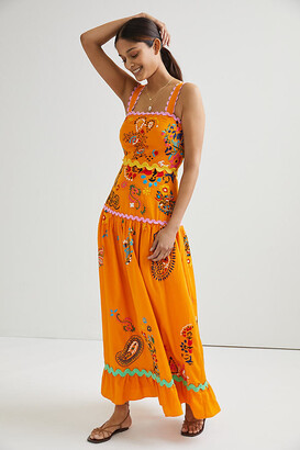 Maeve Sunset Embroidered Midi Dress By in Orange Size 20W