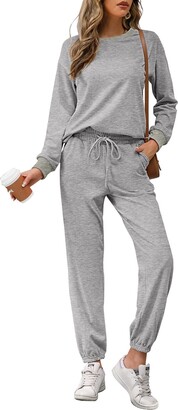 REORIA Womens Long Sleeve Crewneck Solid Color Two Piece Outfit Hoodie Jogger Tracksuit Set Sweatshirt & Sweatpants Navy Blue XXL
