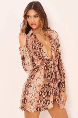I SAW IT FIRST Brown Snake Print Tie Front Shirt Dress