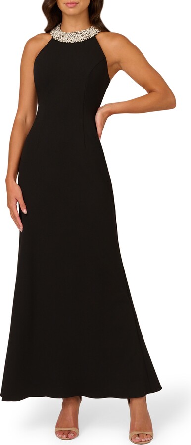 Adrianna Papell Imitation Pearl Embellished Neck Mermaid Gown