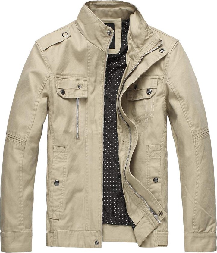 Wantdo Men's Lightweight Cotton Jacket Casual Leisure Jackets Stand Collar Jackets  Outdoor Windproof Jackets Khaki XXL - ShopStyle