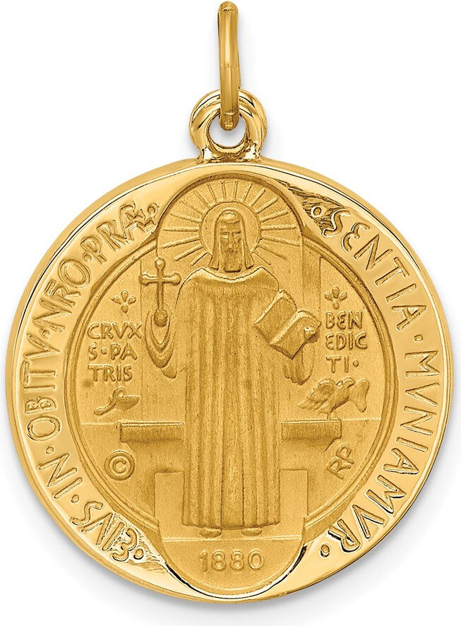 Diamond2Deal 14k Yellow Gold and Satin Solid Round Reversible St. Benedict Medal Pendant
