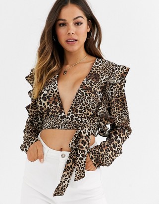 Glamorous plunge crop blouse with tie back detail in leopard print