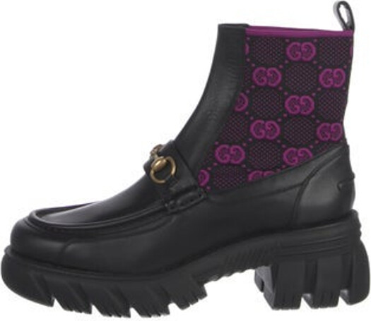 Gucci Leather Ankle Combat Boots Black Printed Horsebit Accent & GG Signature Rubber Trim Round-Toes Platform Concealed Zip Closure at Sides Includes Box & Dust Bag