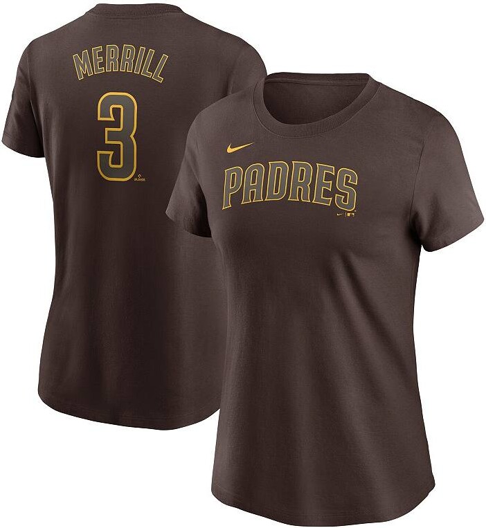 Women's Nike Jackson Merrill Brown San Diego Padres Fuse Name & Number T-Shirt