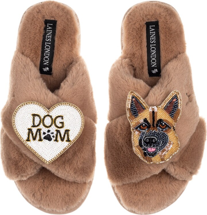 Laines London Brown / Neutrals Classic Laines Slippers With Roxy The German Shepherd & Dog Mum/Mom Brooches - Toffee