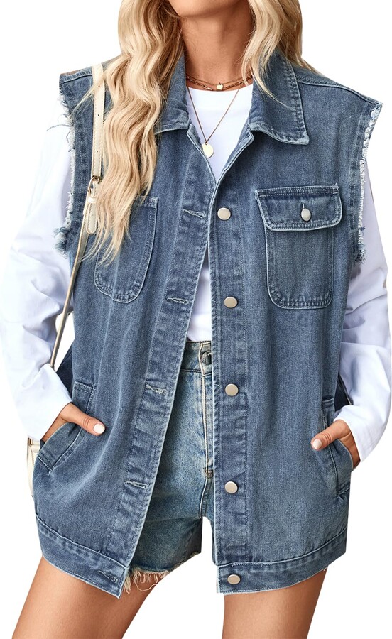 MINTLIMIT Women's Denim Vest Lapel Button Distressed Sleeveless