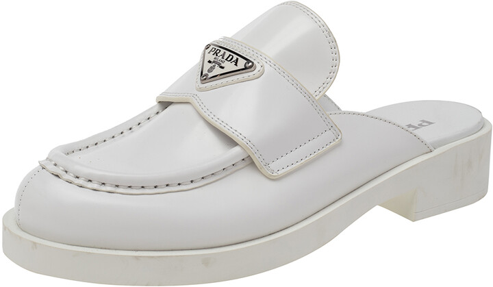 Prada White Leather Logo Embellished Mules Size 40 - ShopStyle