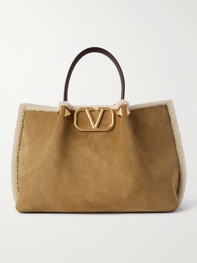 Valentino Garavani Vlogo Medium Leather-trimmed Embellished Suede Shoulder Bag - Brown