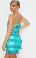 Thumbnail for your product : PrettyLittleThing Turquoise Strappy Sheer Panel Sequin Bodycon Dress