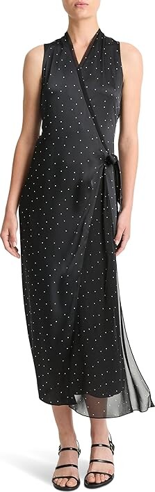 Vince Dot Wrap Dress w/ Paneled Chiffon Women's Dress Black/Grey : SM, Polyester