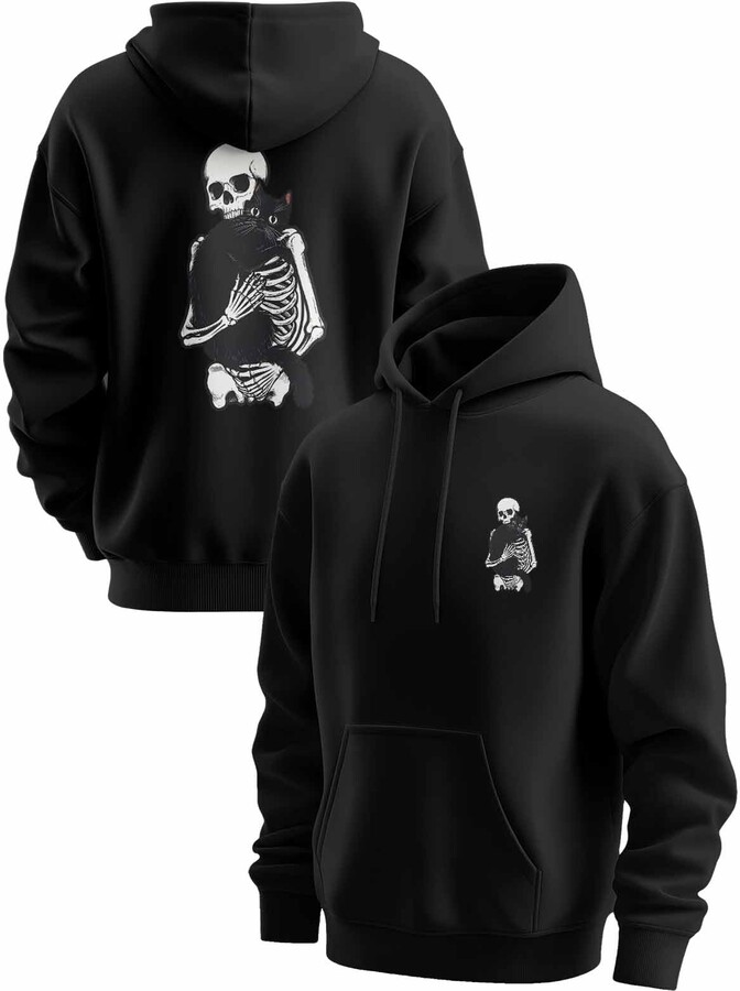 Xiidiekbish Men's Hoodies Skull Hug Cat Graphic Print Long Sleeve Drawstring Hoodie Pullover Sweatshirt with Pocket Small Black