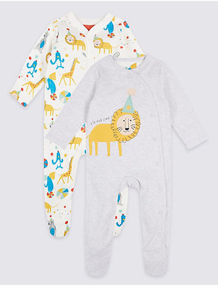 Marks and Spencer 2 Pack Pure Cotton Animal Applique Sleepsuits