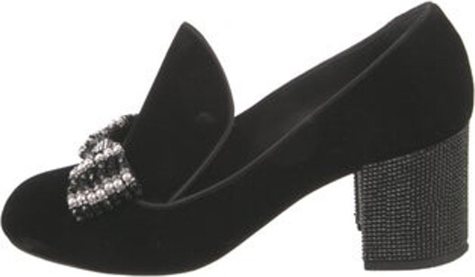 Rene Caovilla Velvet Pumps Black Beaded & Crystal Accents Round-Toes