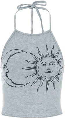 Imixshopcs Women's Sun Moon Print Halter Neck Sleeveless Tied Crop Vest T-Shirt Top (M, )