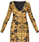 Thumbnail for your product : PrettyLittleThing Black Glitter Baroque Print Long Sleeve Plunge Bodycon Dress