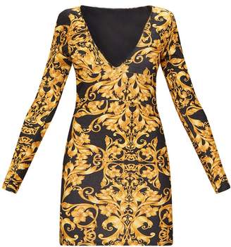 PrettyLittleThing Black Glitter Baroque Print Long Sleeve Plunge Bodycon Dress