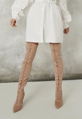 Missguided Nude Satin Hook And Eye Thigh High Boots - ShopStyle