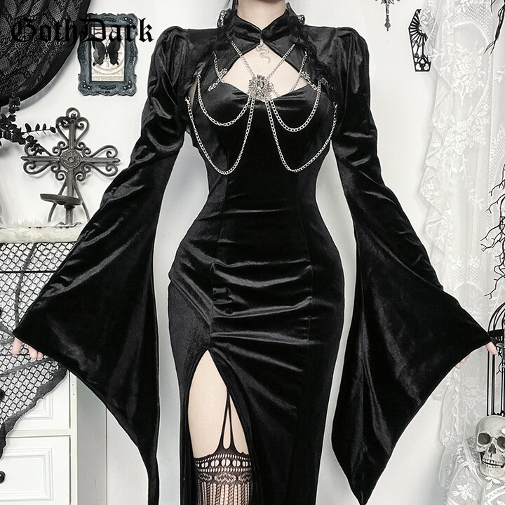 Goth Dark Flare Sleeve Lace Up Crop Shrug Tops Elegant Velvet Chain Short Smock Coats Mall Gothic Women Slim Blouse Streetwear