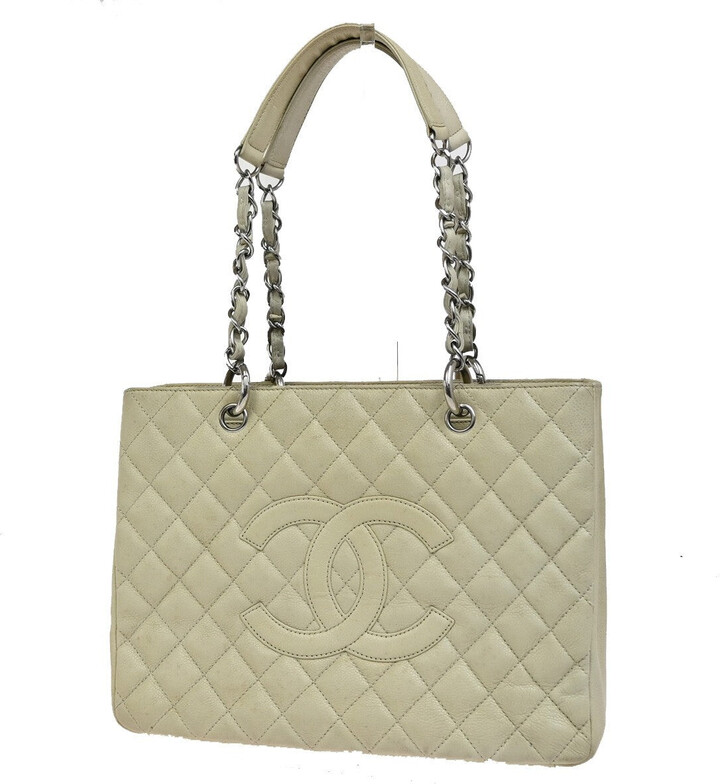 Chanel Grand Shopping Tote Quilted Calfskin Beige Leather Tote Bag Bag (Pre-Owned)