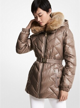 Michael Kors Faux Fur Trim Chevron Quilted Nylon Belted Puffer Coat ...