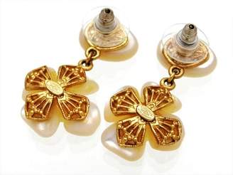 Chanel Gold Tone Metal White Shell Flower Dangle Stud Earrings