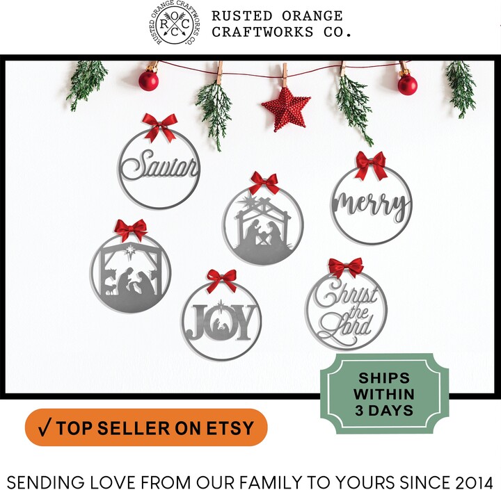 Rusted Orange Merry & Bright Ornaments - Set Of 3 Christmas Ornament Jesus Decorations Joy Nativity